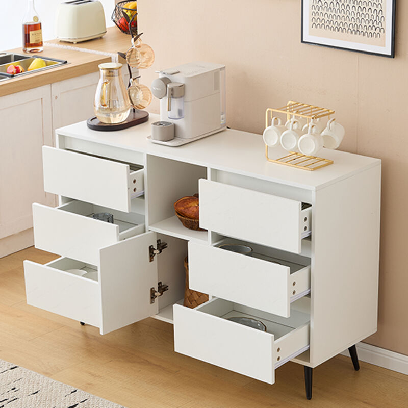 Buffet blanc moderne avec éclairage led, 6 tiroirs silencieux, portes à ouverture par pression, finition brillante, pieds en métal noir mat,