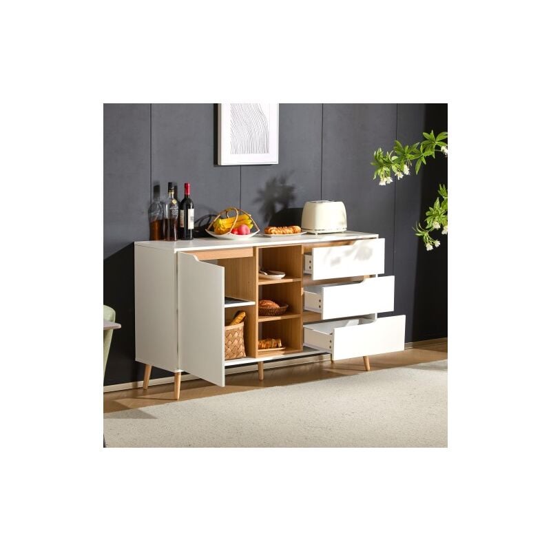 Buffet blanc moderne avec étagères, 3 tiroirs et espace de rangement ouvert, 140 x 40 x 80,5 cm, avec design anti-basculement - convient pour la