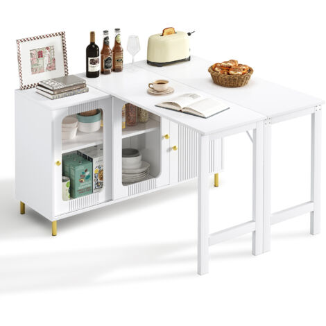 Buffet blanc moderne avec plateau rabattable et extensible, surface pivotante, pieds en métal doré, portes coulissantes en verre et motif ondulé – idéal pour la salle à manger et la cuisine