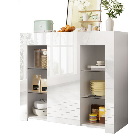 Buffet Blanc Moderne Brillant – Solution de Rangement Compacte et Élégante avec Étagères en Verre et Porte d'Armoire pour Salon, Salle à Manger ou Cuisine – 95x35x83 cm