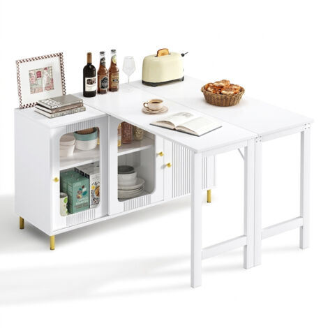 Buffet Blanc Moderne - Enfilade Salle à Manger - Meuble de Rangement Cuisine avec Table Extensible - Portes en Verre - Pieds Dorés