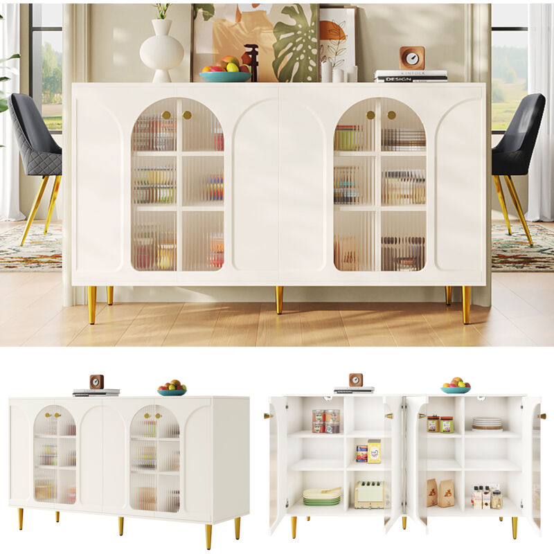 Buffet blanc moderne et simple (140 x 40 x 85 cm), design avec porte en verre Changhong, avec détails décoratifs en métal, beaucoup d'espace de