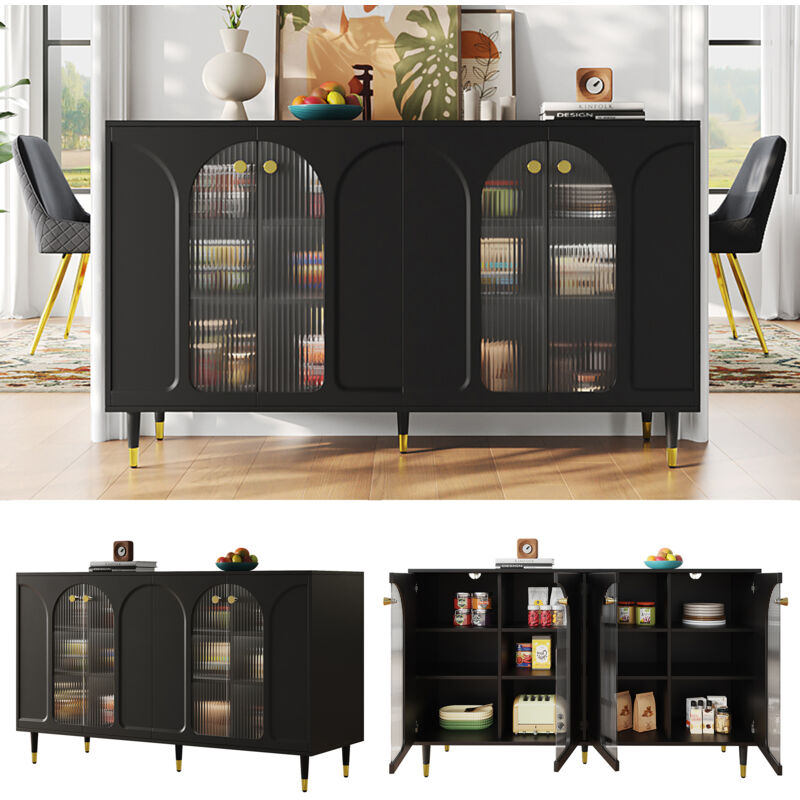 Buffet noir moderne et simple (140 x 40 x 85 cm), design avec porte en verre Changhong, avec détails décoratifs en métal, beaucoup d'espace de