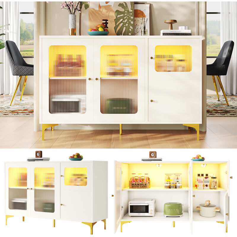 Okwish - Buffet blanc 140x40x90 cm avec lumière ambiante chaleureuse, détails métalliques décoratifs et beaucoup d'espace de rangement, pour salles à