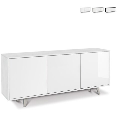 Buffet blanc oxydé brillant 177x41x74 cm – Structure en bois mélaminé – Trois portes battantes avec ouverture push – Pieds en chrome satiné – Sarmog - 177x41x