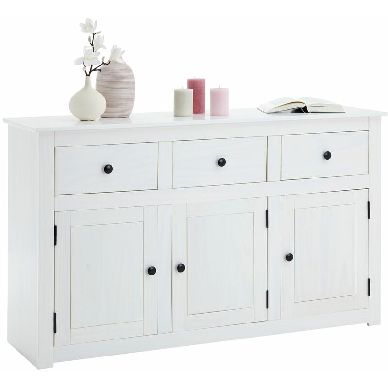 Idimex - Buffet paulo blanc en pin massif avec 3 tiroirs et 3 portes