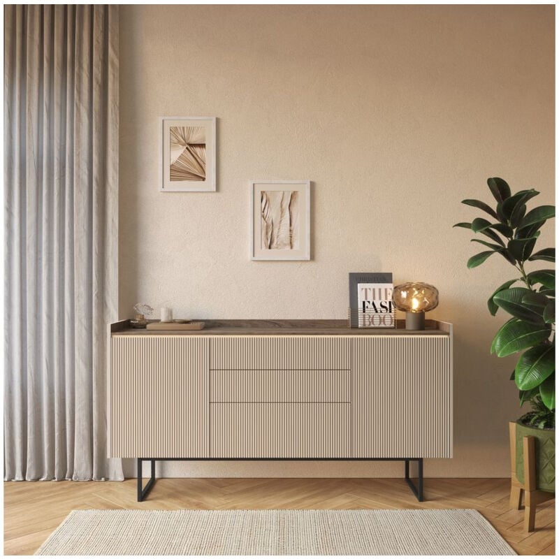 Buffet 2 portes 166 cm louna beige et effet bois avec tasseaux et led - Bobochic