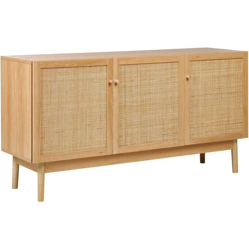 Beliani - Buffet Boho en Bois de Pin 3 Portes Façade en Rotin Armoire Panneau de Particules Bois Clair Nivo