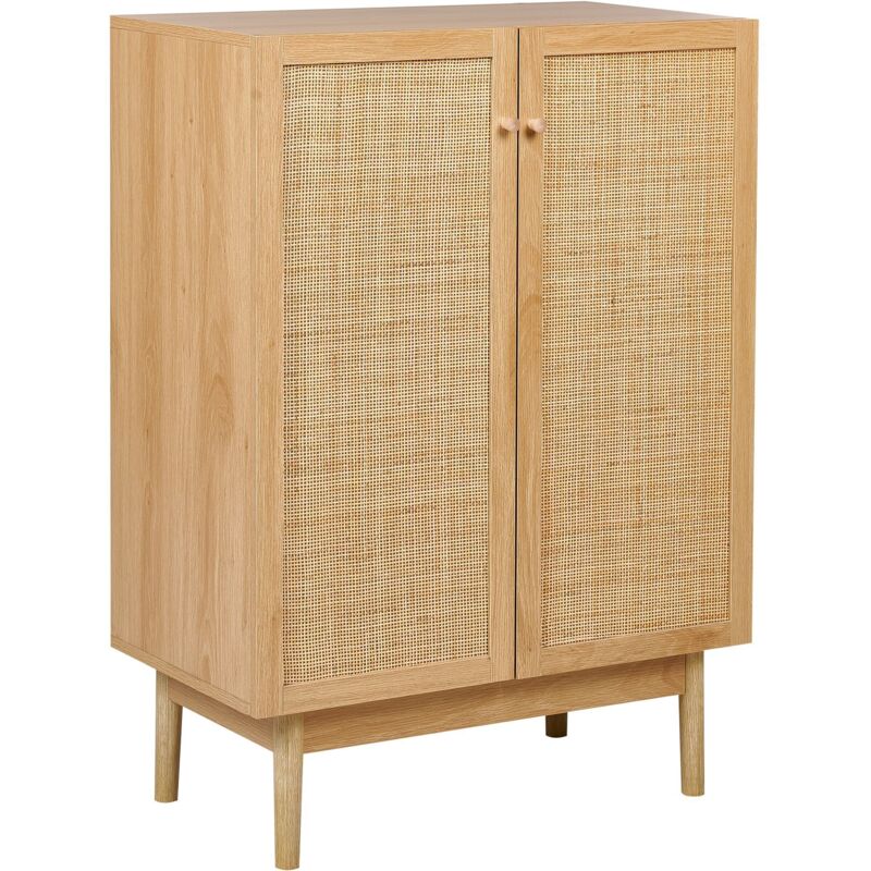 Beliani - Buffet Boho Rustique en Bois de Pin Armoire 2 Portes Etagères Façade en Rotin Bois Clair Nivo