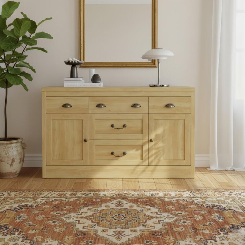 Buffet Bois 135 cm, buffet cuisine avec 5 Tiroirs et 2 Portes – Poignées Métal, Grand Rangement, Coloris Bois – Campagnard, Naturel