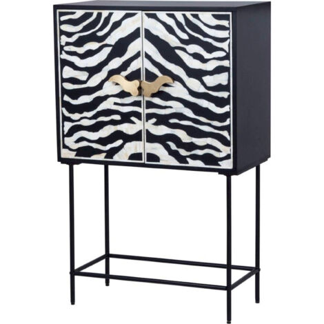 Buffet bois acacia et os motif zèbre sur pied métal doré - Noir blanc motif zèbre doré