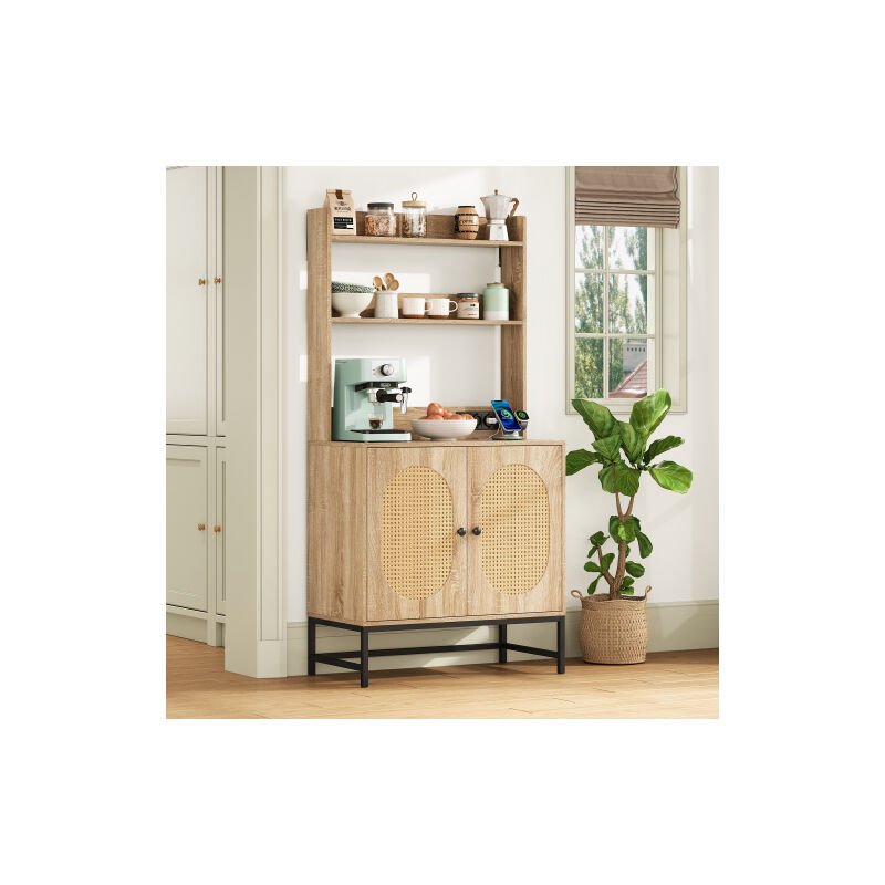 Buffet bois, Buffet avec espace de rangement double porte en rotin, prise usb et 220V, protection anti-basculement, pour cuisine, salon