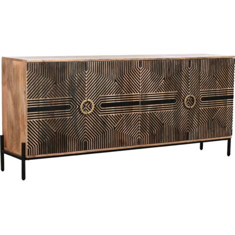 Buffet bois de mangue gravé élégance intemporelle - Noir avec accents dorés et bois naturel