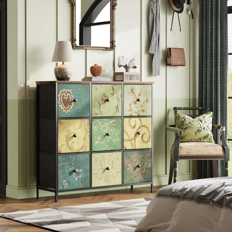 Buffet Bois et Metal 100x30x86.5cm, Commode pour armoire avec 9 tiroirs en tissu, Conception rétro, motif floral, Trépied rotatif à 360 degrés