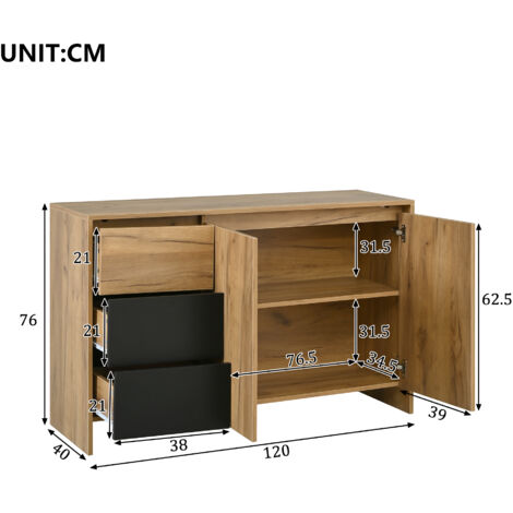 Buffet bois et noir 120x76x40cm 3 tiroirs 2 portes LED multicolores,cabinet décoratif pour salon,salle à manger et couloir.