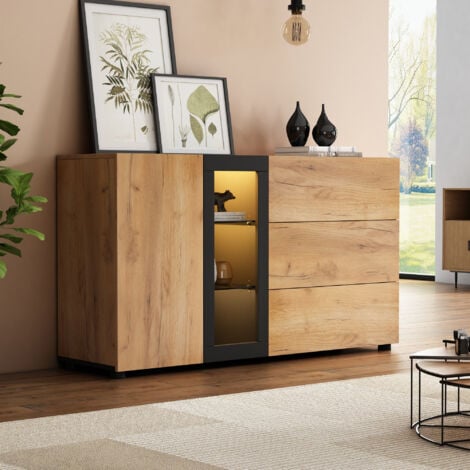 NECHE Buffet Bois LED Moderne,Buffet Salon avec 3 Tiroirs + 1 Porte,Console d'appoint,Vitrine avec verre,140 x 40 x 80cm