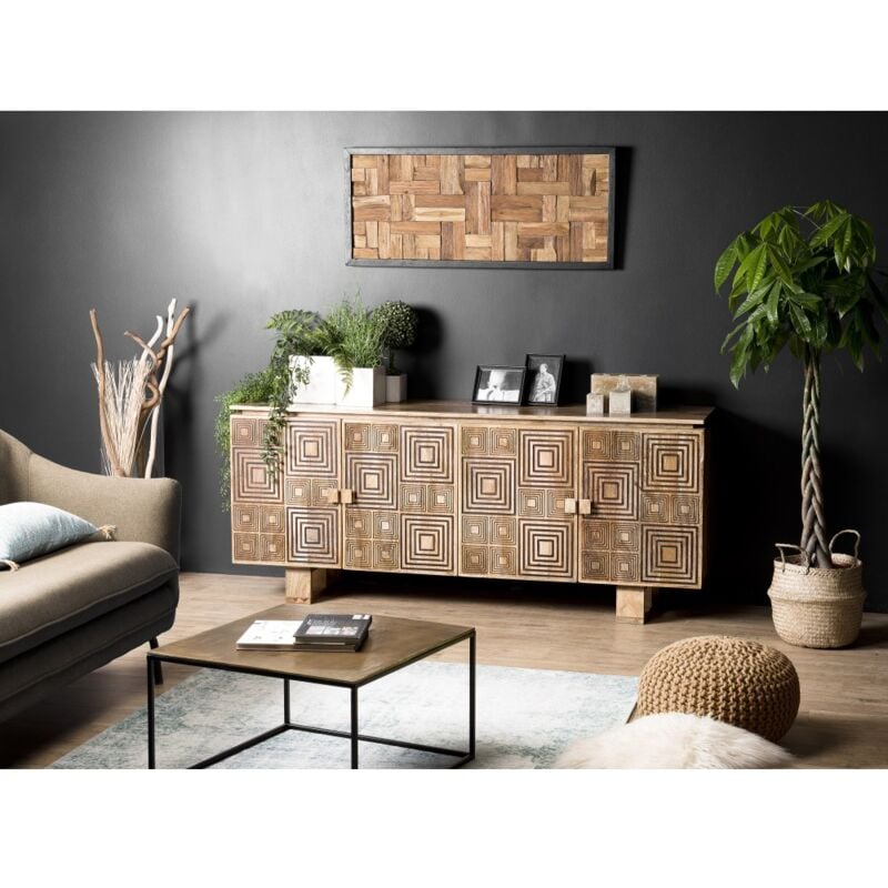 Irene - Buffet bois Manguier 177x45cm 4 portes 2 étagères motifs noirs Goa