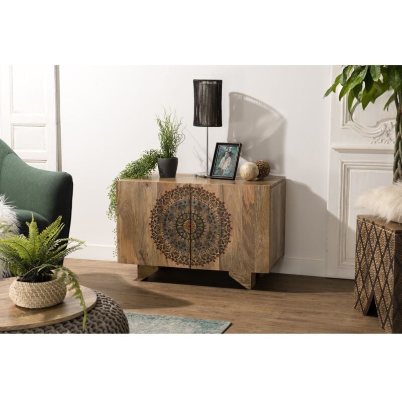 Macabane - irene - Buffet bois Manguier 83x45cm 2 portes 2 étagères Colombo