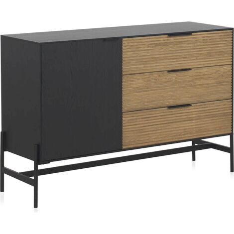Buffet bois noir et naturel portes et tiroirs décor lattes - Noir et bois naturel