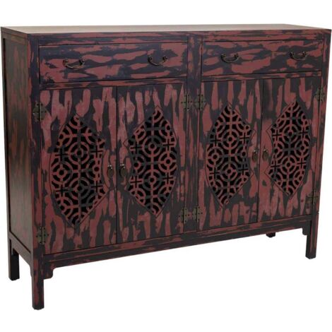 buffet bois noir et rouge style antique avec portes ajourées - rouge antique et noir patiné