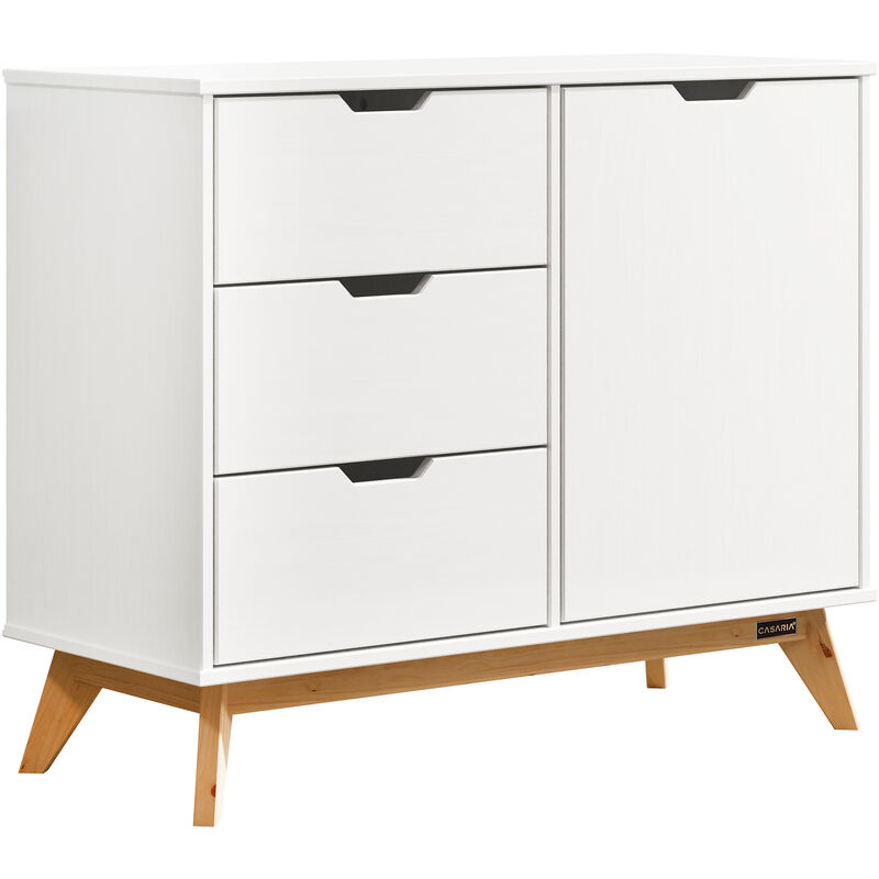 Casaria - Buffet Borneo en bois massif style scandinave Meuble de rangement 96 x 40 x 79 cm avec 3 tiroirs 1 porte Blanc bois 96x79x40 cm