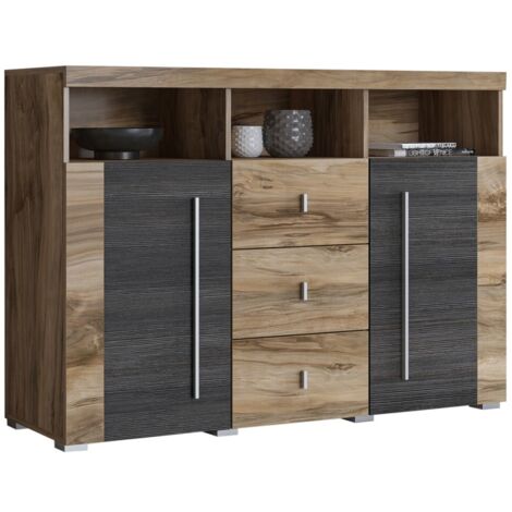 Buffet BRAZZA 4 portes – Grand rangement noyer satin – Niches décoratives – 182 cm