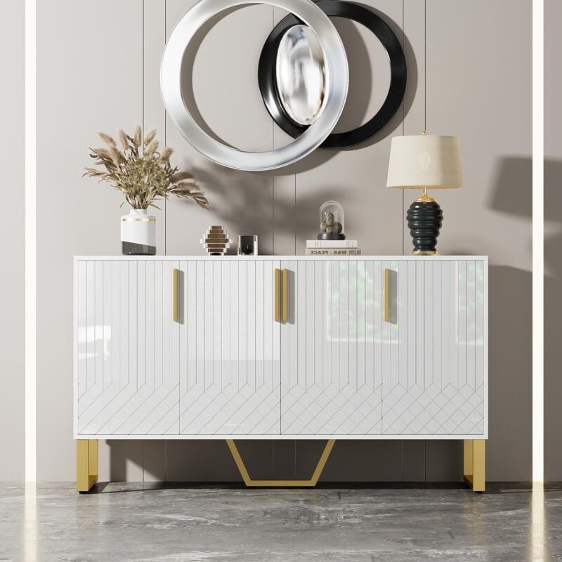 Buffet brillant 140 cm - avec 4 portes de rangement, poignées et pieds en métal, design géométrique blanc, buffet moderne pour cuisine, salon, salle
