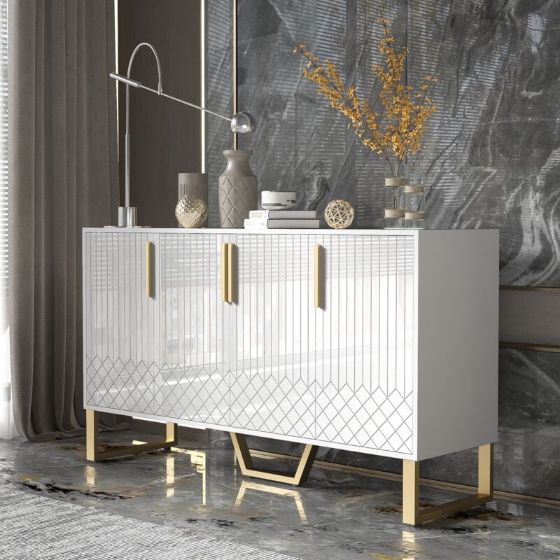 Buffet brillant 140x40x80cm, 4 portes, meuble de rangement, cuisine/salon/chambre/salle à manger, moderne, blanc