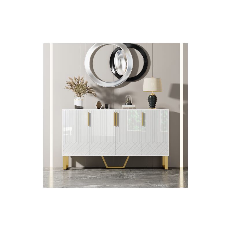 Buffet brillant, 4 portes, poignées et pieds en métal, Design géométrique blanc, 140l 40B 80h