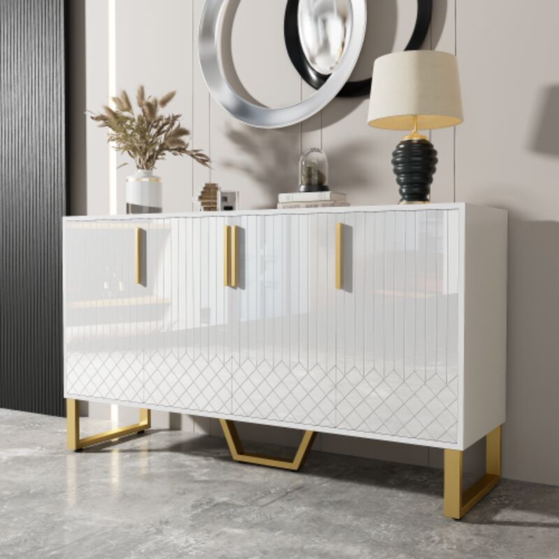 Okwish - Buffet brillant, 4 portes, poignées et pieds en métal, design géométrique blanc, 140L40W80H