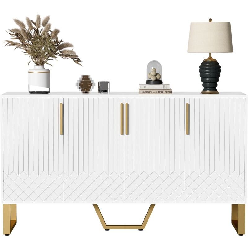 Buffet brillant, 4 portes, poignées et pieds en métal, design géométrique blanc, 140L40W80H