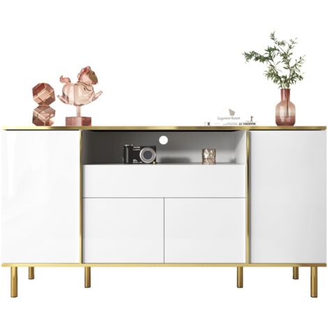Buffet brillant blanc 150x40x80cm - Commode élégante 1 tiroir - Meuble salon & chambre