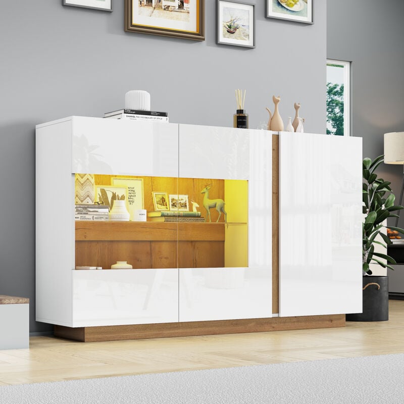 Buffet brillant, led, avec verre, base en bois, meuble de rangement, 138x 38x90,5 cm, blanc