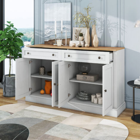 Buffet buffet 150x40x86cm commode, 2 tiroirs 4 portes, meuble de cuisine, aggloméré, blanc + naturel