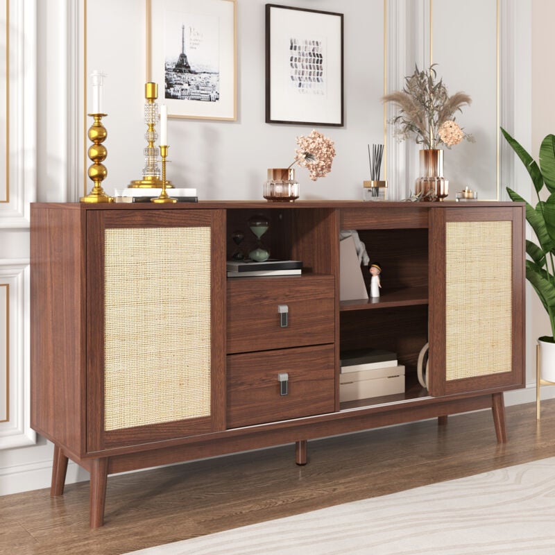 Wishdor - Buffet cannage, buffet salon avec 3 portes coulissantes en cannage et 2 tiroirs, marron