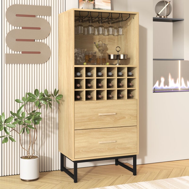Buffet bois, buffet salon, armoire à vin bois avec 2 tiroirs, 18 compartiments et porte-verres - pieds en métal noir