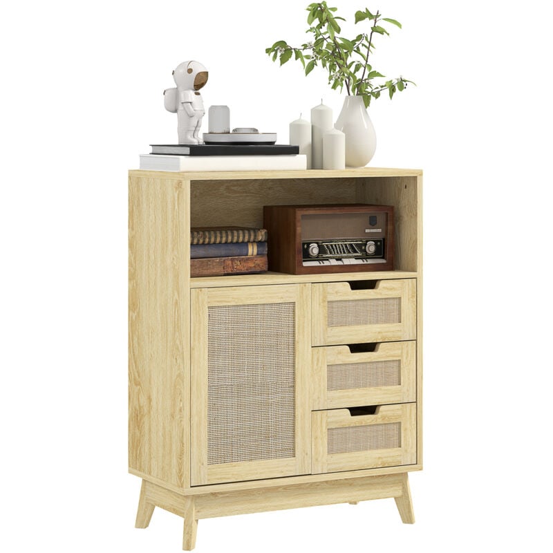 Homcom - Buffet cannage effet bois style bohème chic - 3 tiroirs, porte, étagère, grande niche