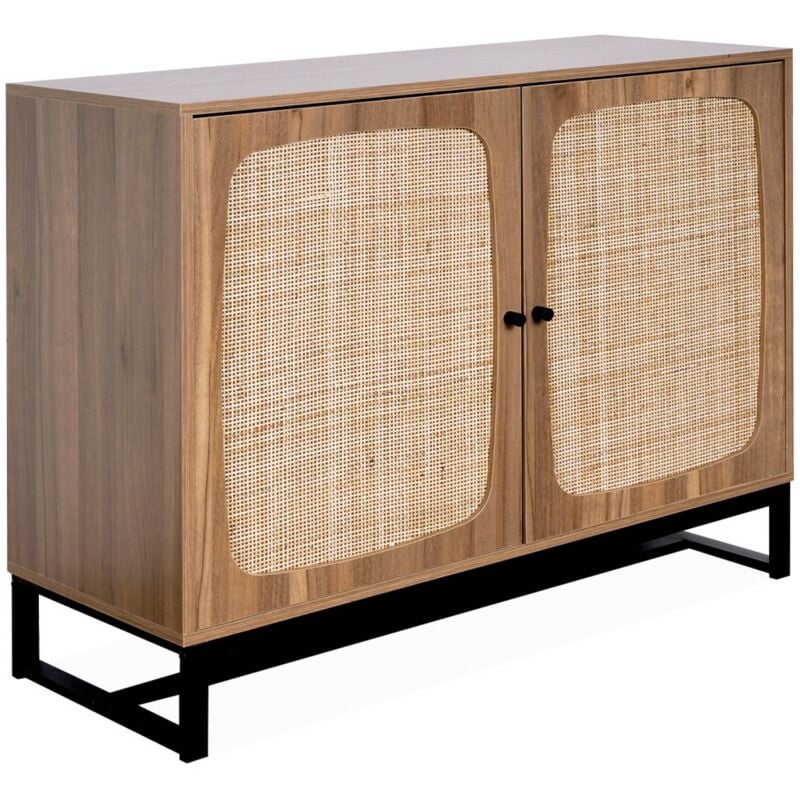 Buffet rétro décor bois foncé et cannage. buffet haut. vaisselier. 2 portes avec pieds en métal noir L100cm