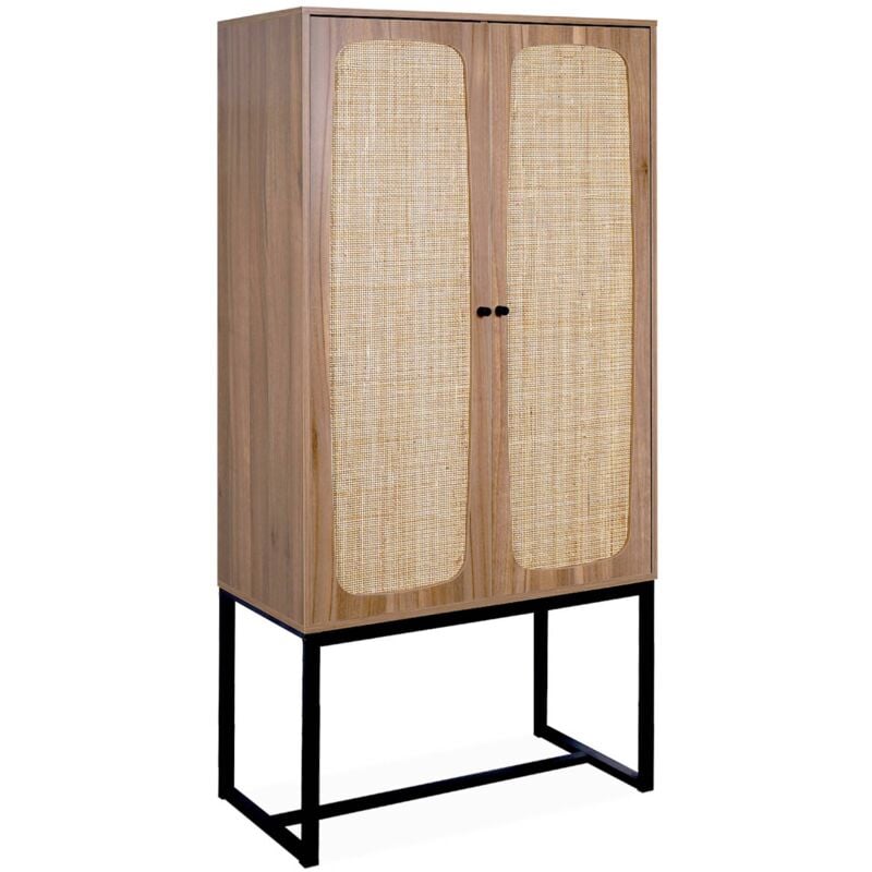 Buffet rétro décor bois foncé et cannage 2 portes avec pieds en métal noir H165cm