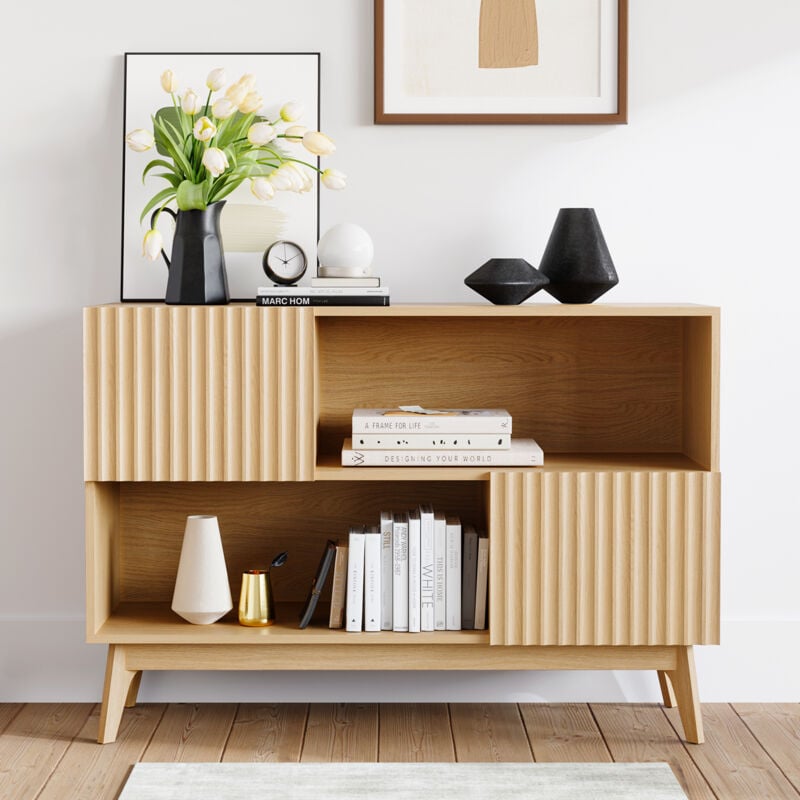 Buffet Cannelé Moderne,Meuble de rangement avec pieds en bois massif,Commode décoratif pour salon,entrée,cuisine,100 x 38 x 77cm,Chêne