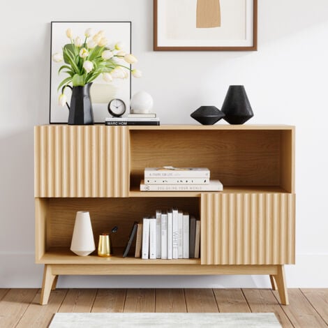 NECHE Buffet Cannelé Moderne,Meuble de rangement avec pieds en bois,Commode décoratif pour salon,entrée,cuisine,100 x 38 x 77cm,Chêne