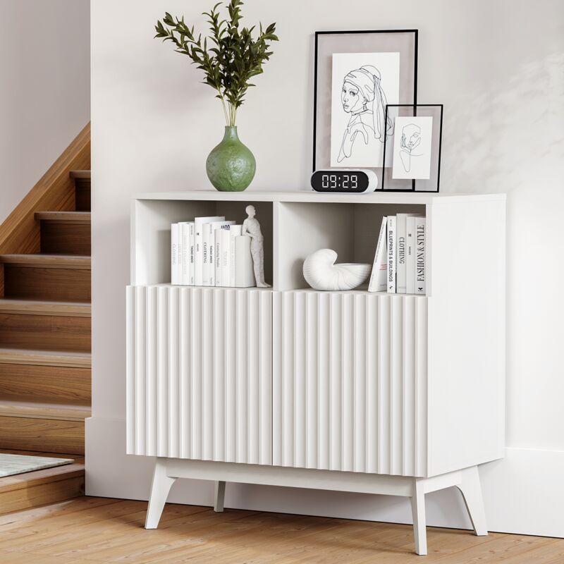 Buffet cannelé,Meuble de rangement avec pieds en bois massif,Commode décoratif pour salon,entrée,cuisine,80 x 38 x 80cm,Blanc