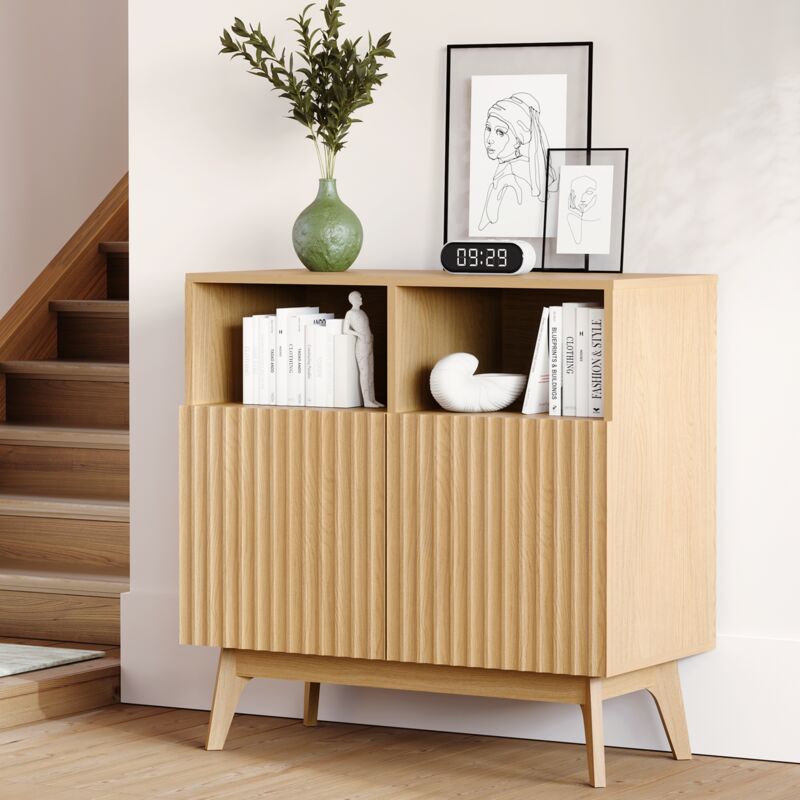 Neche - Buffet cannelé,Meuble de rangement avec pieds en bois massif,Commode décoratif pour salon,entrée,cuisine,80 x 38 x 80cm,Chêne