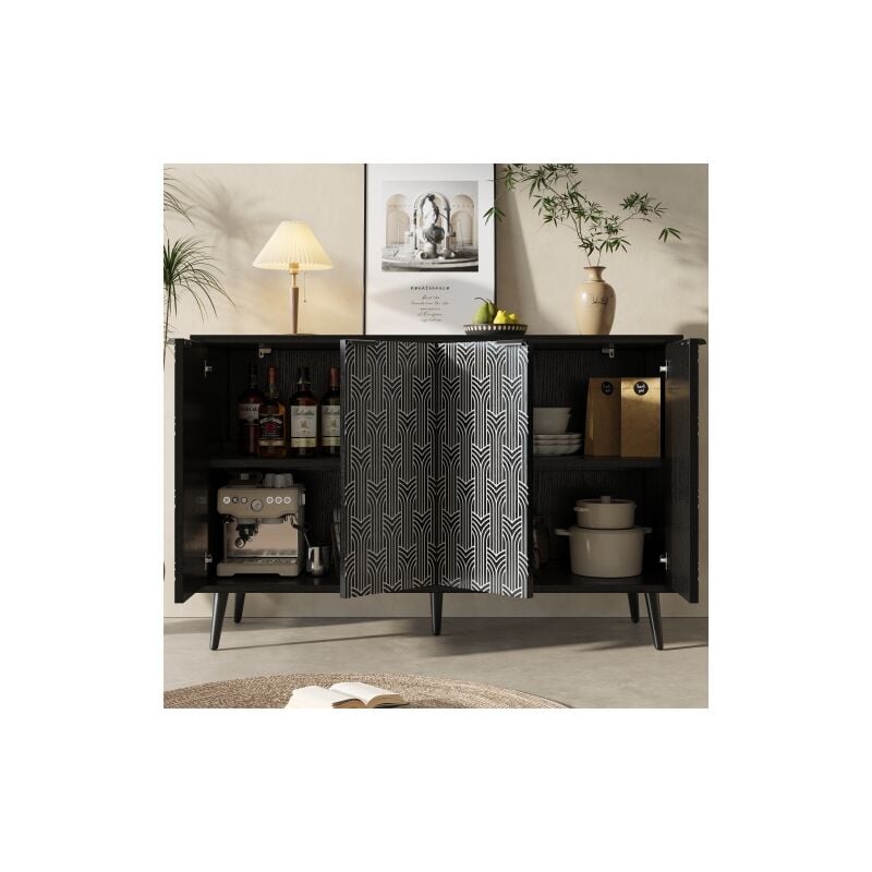 Okwish - Buffet carré noir, armoire de rangement avec porte sculptée unique et design anti-dumping, pour cusine, salon et chambre 120 × 35 × 78 cm
