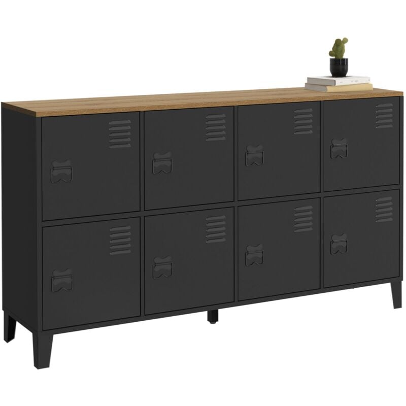 Buffet casier 139 cm ester 8 portes en métal noir plateau bois design industriel