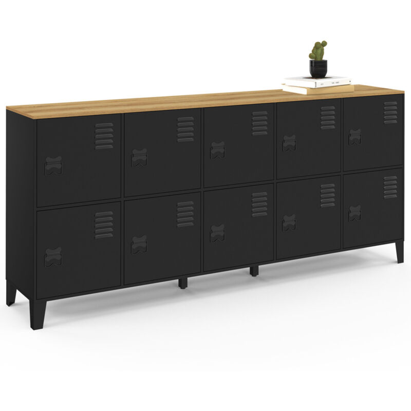 Buffet casier industriel 180 cm 10 portes en métal noir et plateau bois