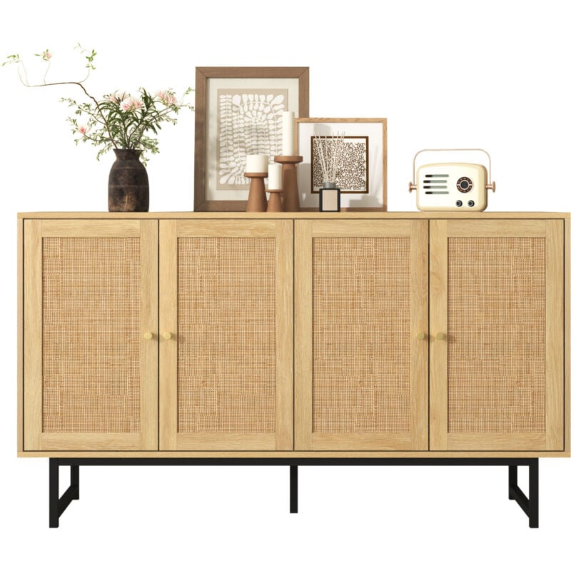 Okwish - Buffet 140x39,5x80 cm avec tissage en rotin véritable, 4 portes
