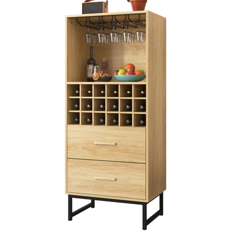 Buffet, cave à vin élégante avec deux tiroirs, 18 compartiments et porte-verre - pieds en métal noir mat - parfait pour les amateurs de vin
