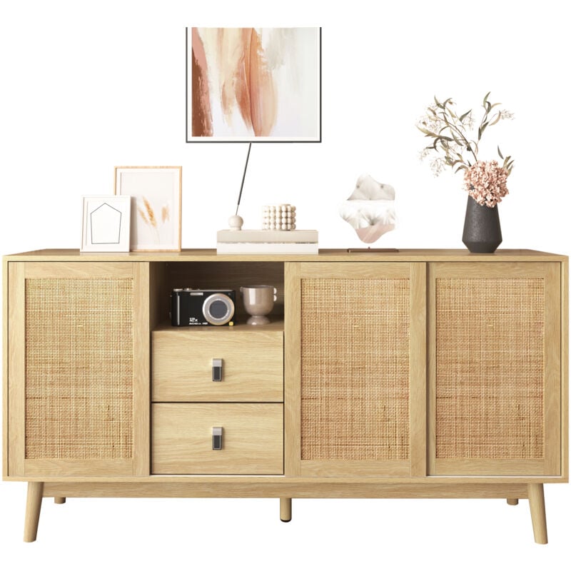 Buffet avec 3 portes coulissantes en rotin véritable et 2 tiroirs, 155x38x80 cm, respirant, stable et polyvalent