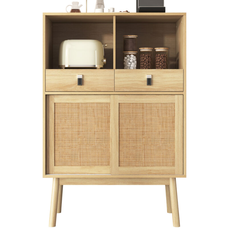Buffet 80x39,5x120 cm, portes avec tressage en rotin véritable, deux tiroirs, deux portes et deux compartiments ouverts, pieds de table hauteur 18 cm